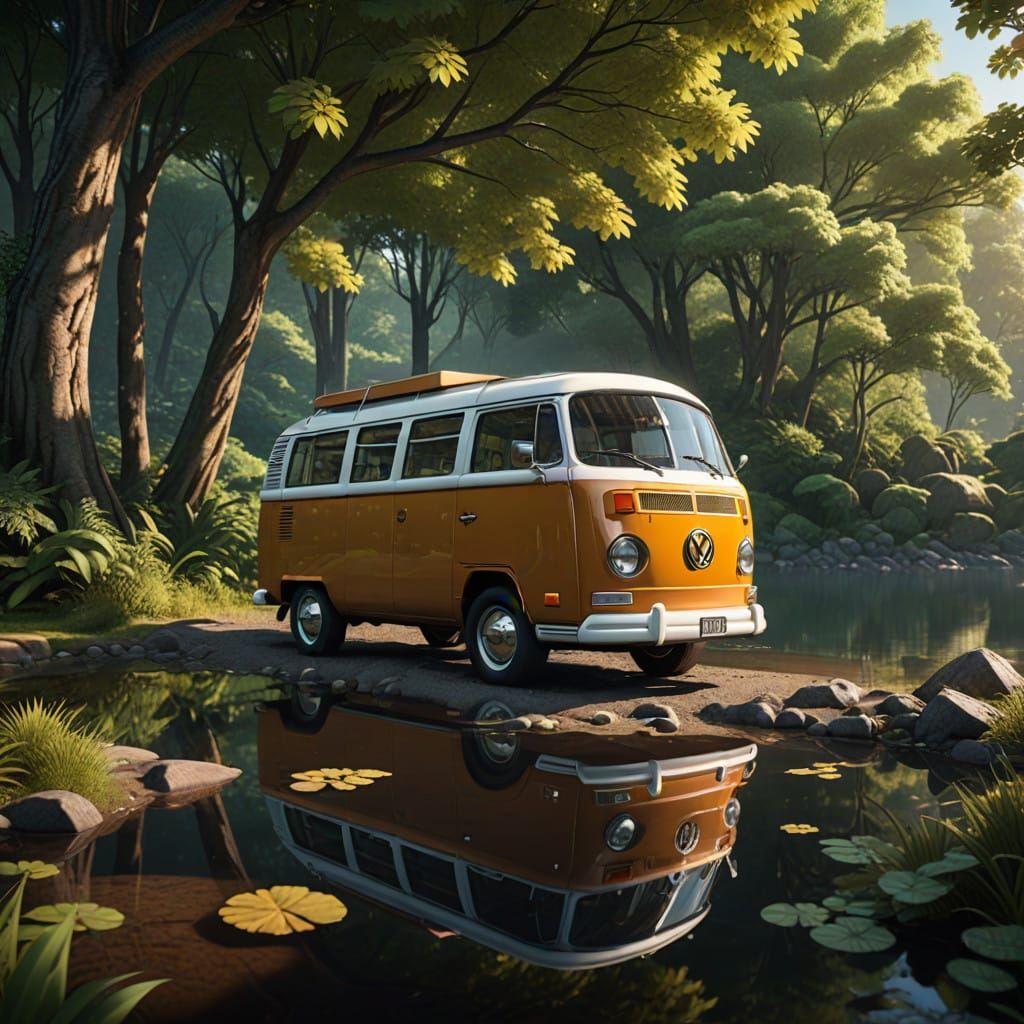 Vintage Volkswagen T2B Bus Reflects in Serene Lakeshore Scen...