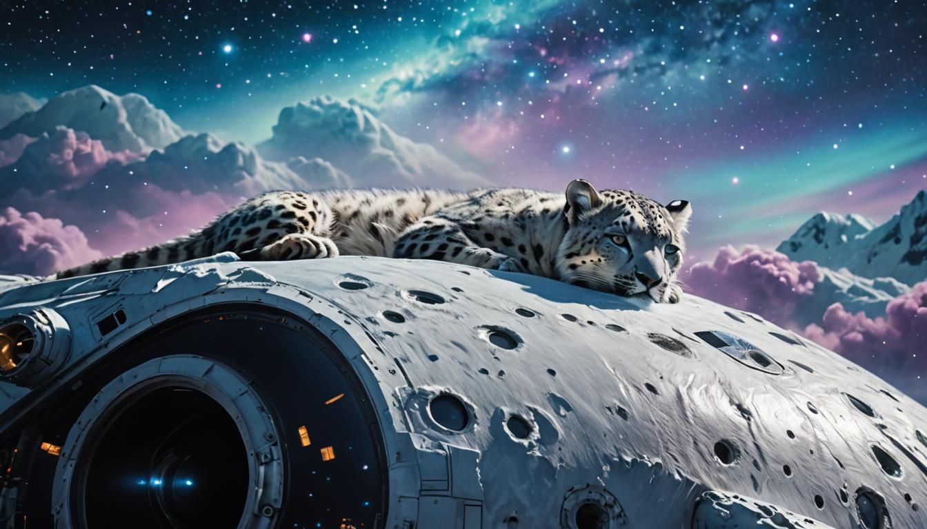 Snow Leopard Sleeps on Spaceship: Vivid Digital Art