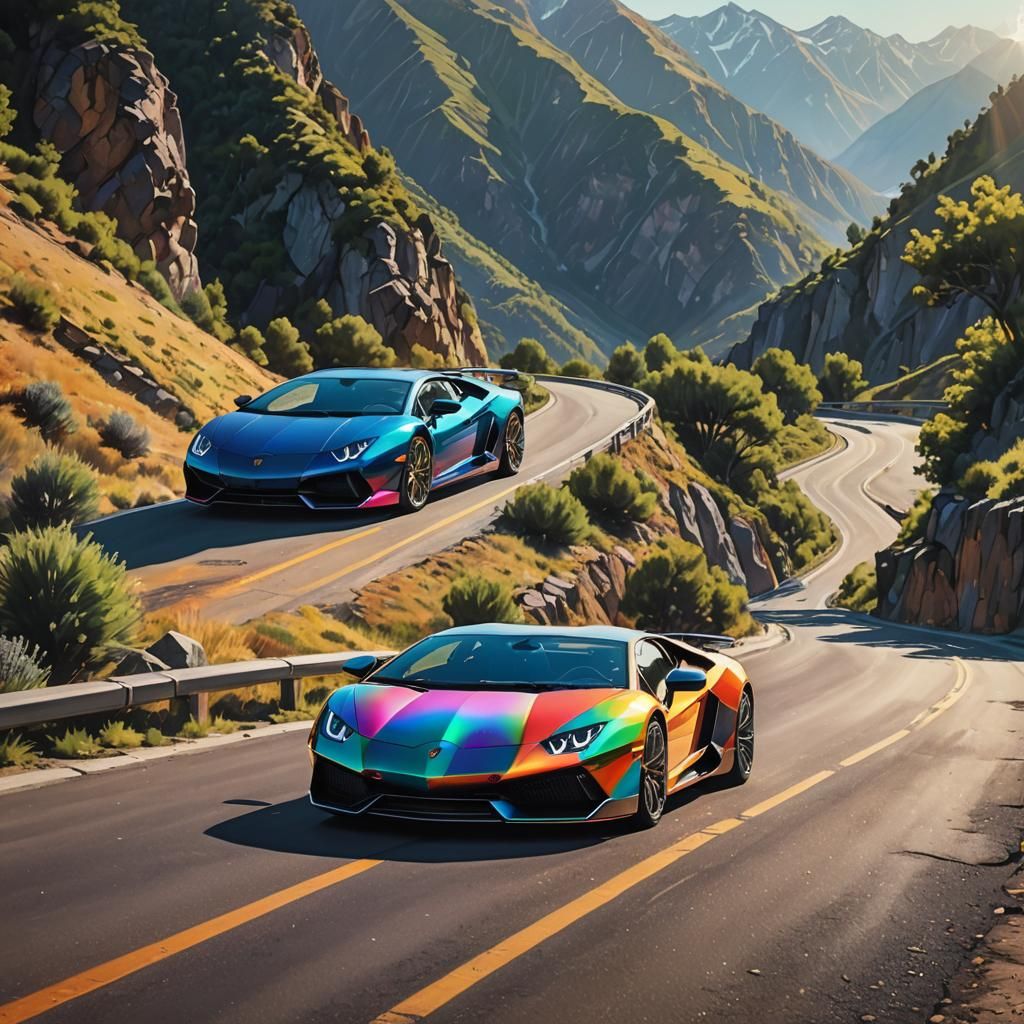 Rainbow Lamborghini on Sunny Mountain Road as Oil Painting