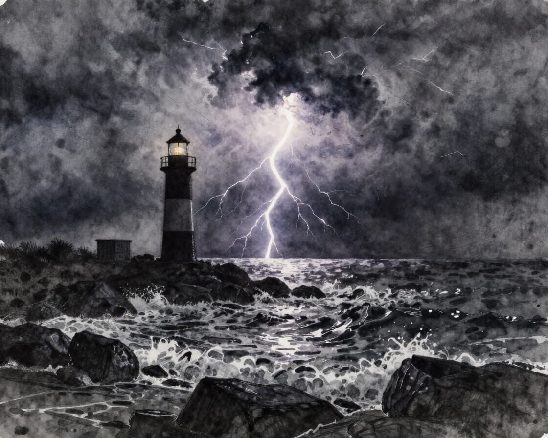 Dramatic Stormy Coast with Lightning and Lighthouse