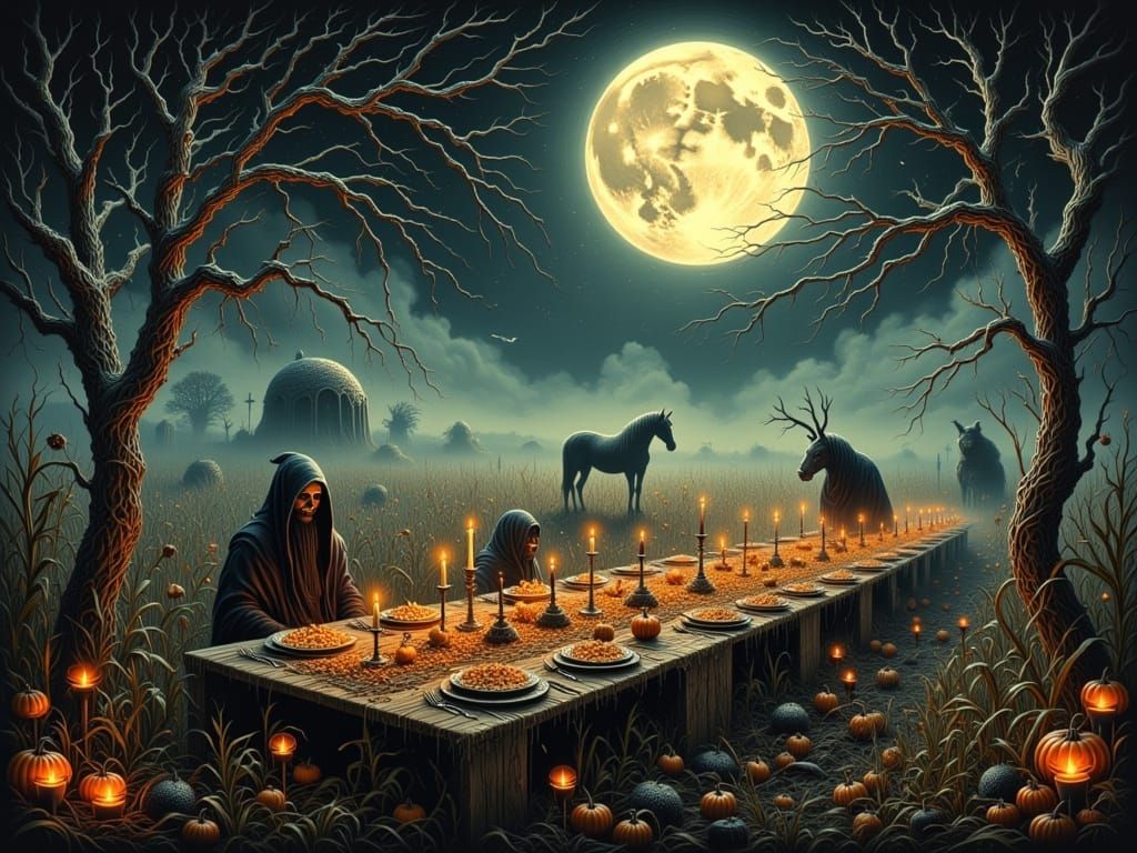 Ethereal Harvest Banquet with Reapers Under Harvest Moon