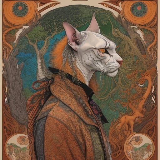 Surreal Sphynx Cat in Abstract Forest, Pop Art Style