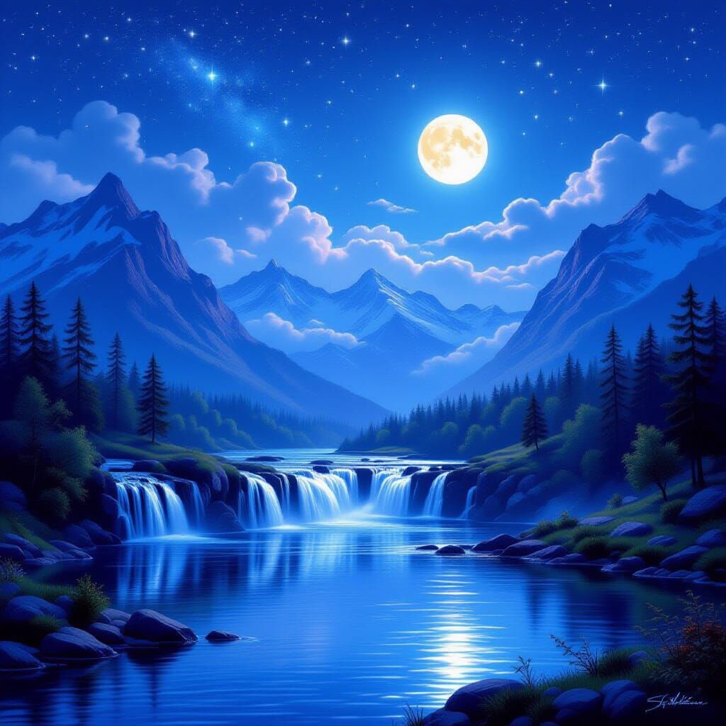 Midnight Mountain Landscape in Bierstadt Style