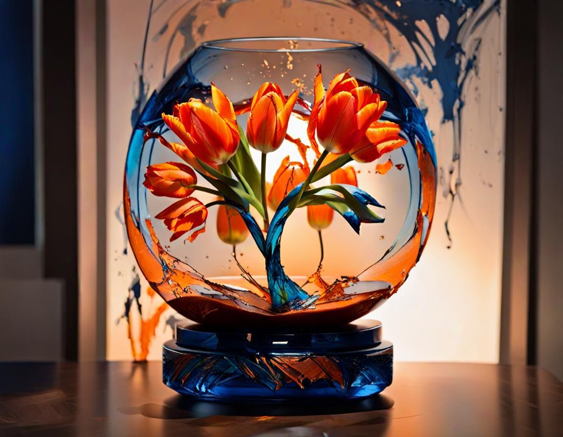 Blue and Orange Tulips in Mixed Media Style