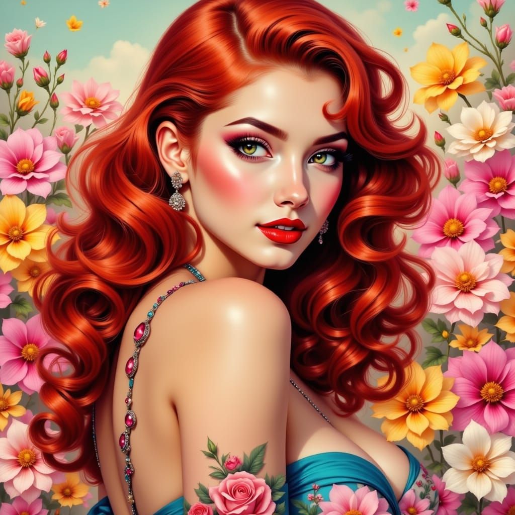 Vibrant Pinup Model Amidst Blooming Florals in Digital Art S...