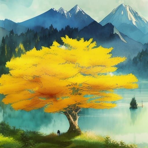 Watercolor Yellow Tree by Mountains and Lake