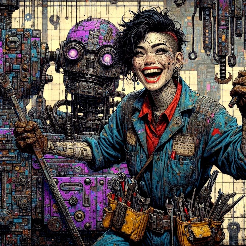 Vibrant Urbanpunk Mechanic Leans on Robotic Companion