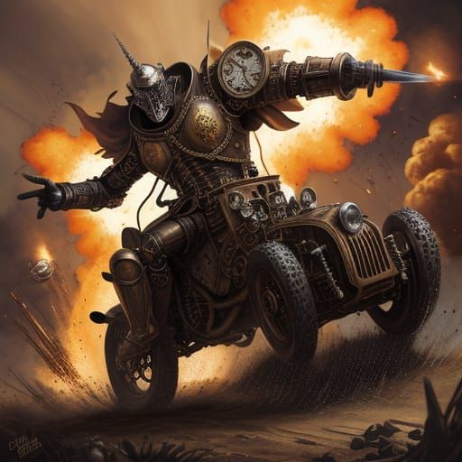 A steampunk knight running away from an exploding steampunk ...