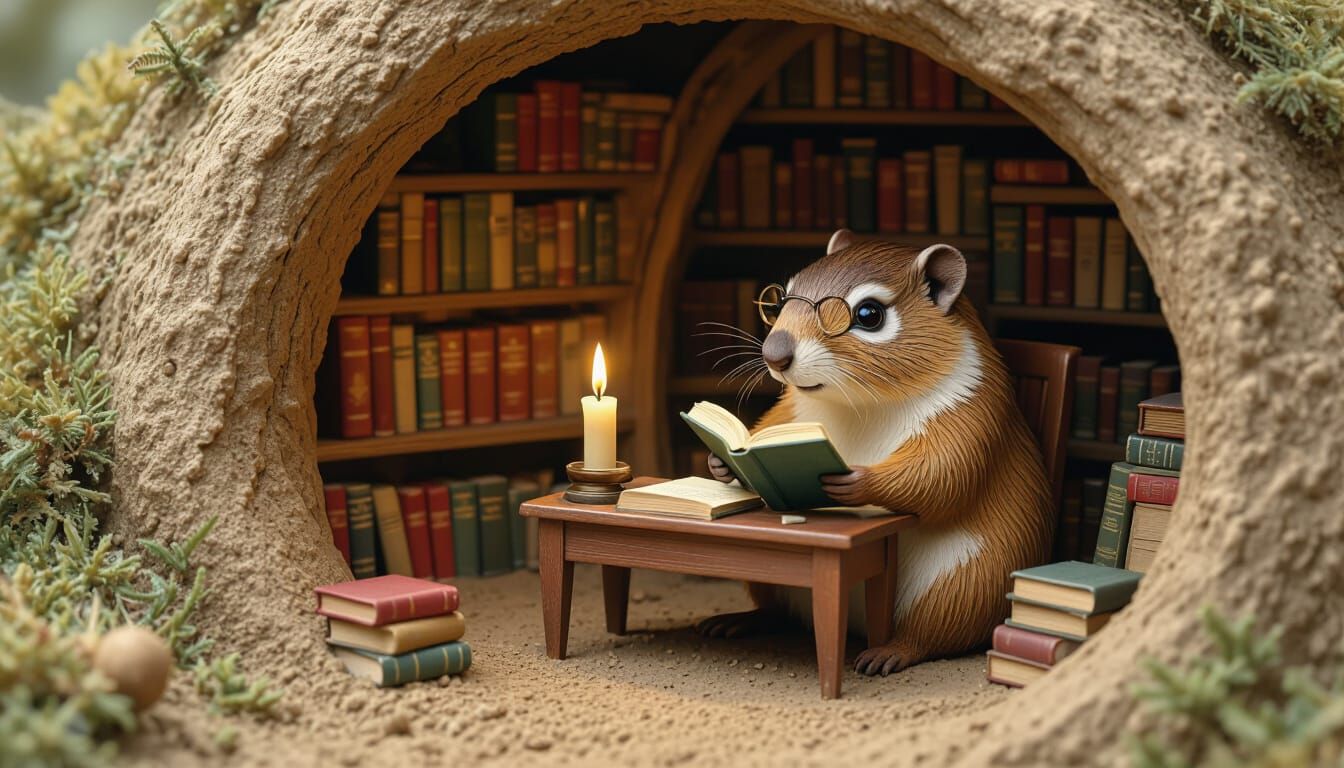Wise Groundhog Librarian in Cozy Burrow Library