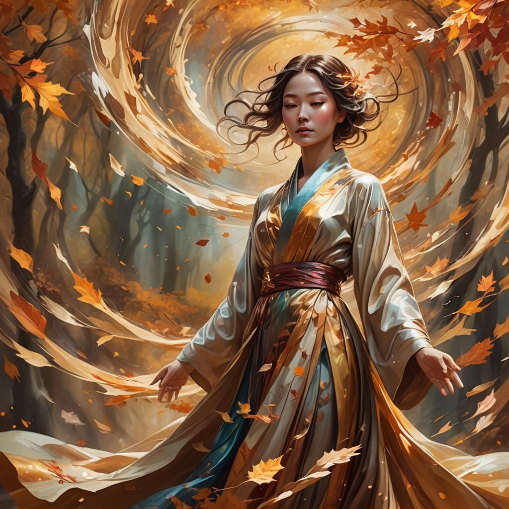 Ethereal Woman in Autumn Vortex: Digital Impressionism