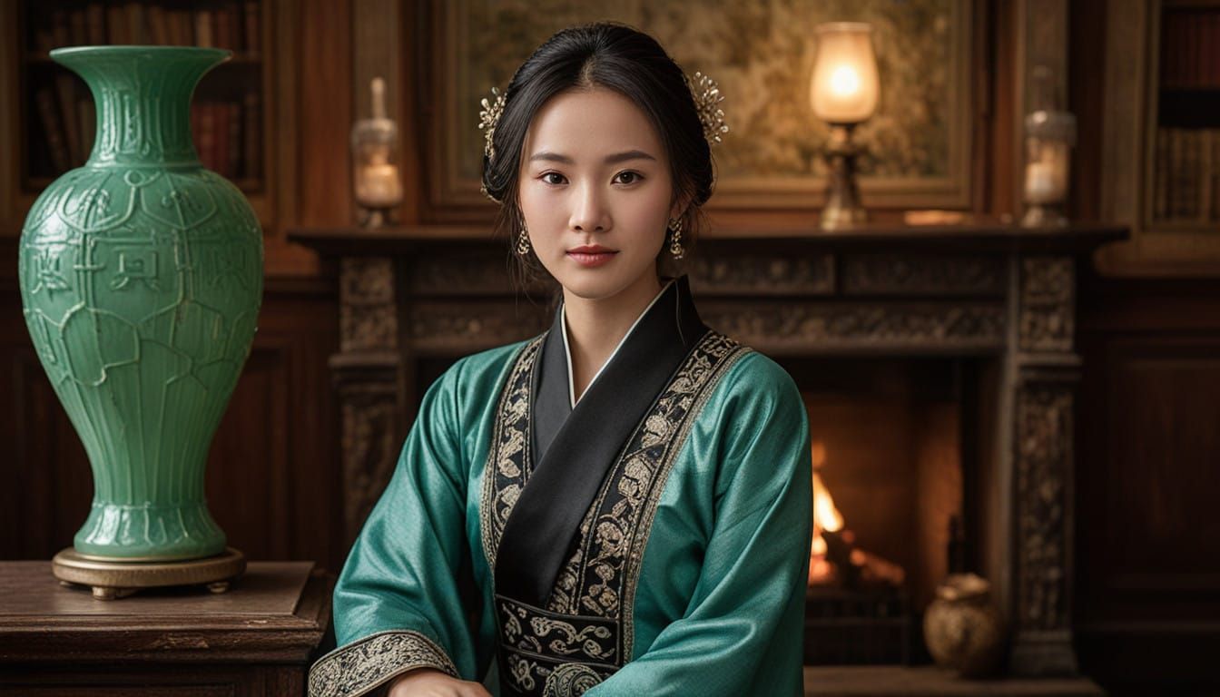 Elegant Chinese Woman in Traditional Attire Sits Serenely by...