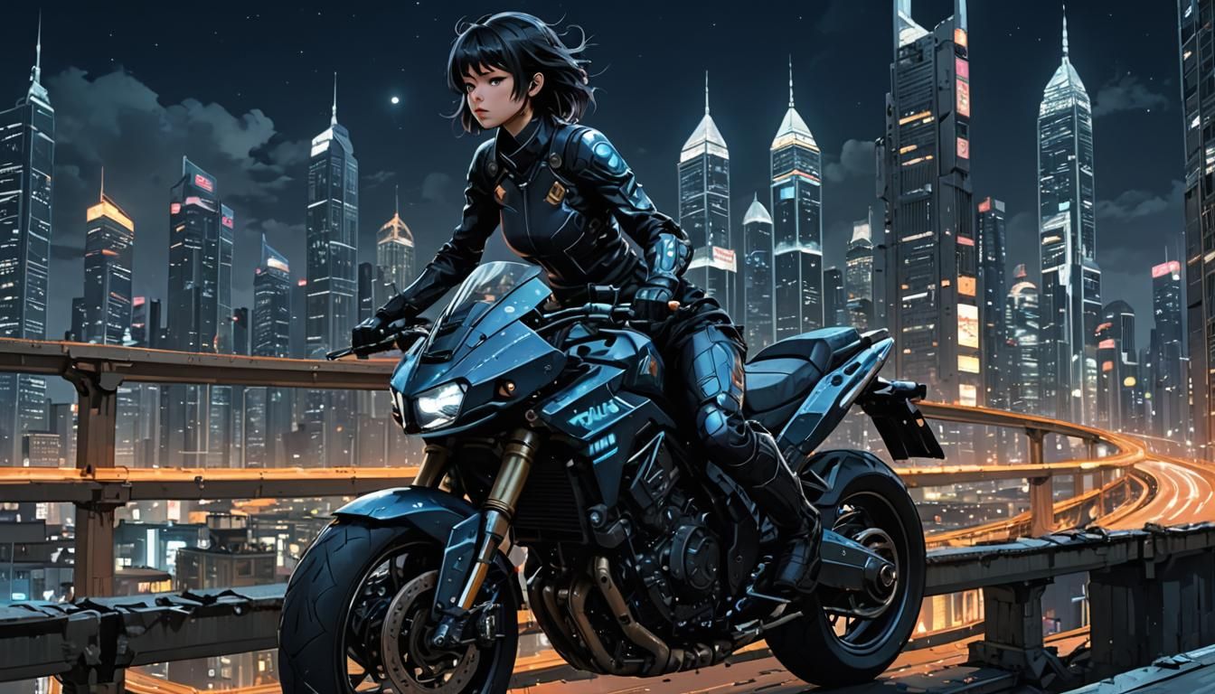 girl riding a sci-fi motorcycle on a bridge