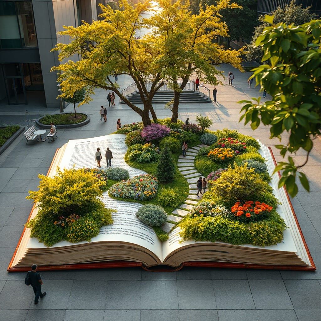 Surreal Urban Oasis Blooms from Open Book