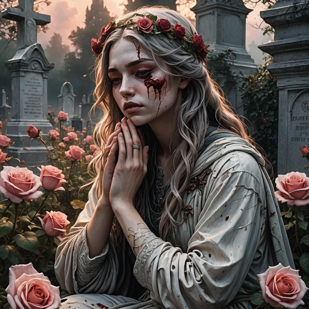 Hyperrealistic Meltdown: Cemetery Scene in Splash Art