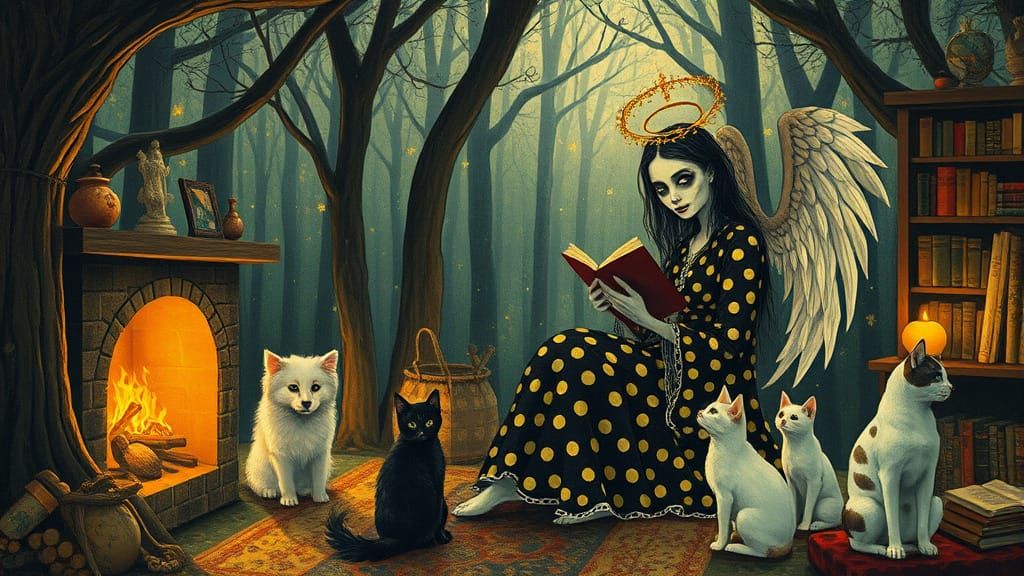 Angel of Death Reads by Fireplace in Whimsical Cottage