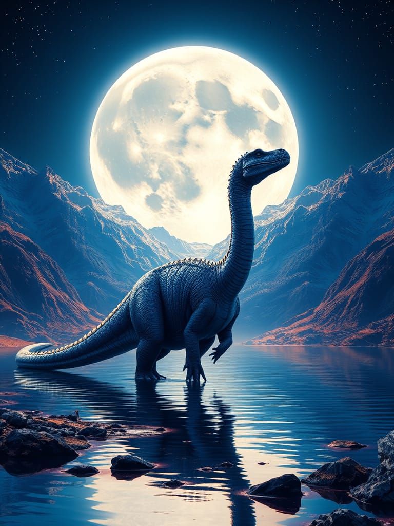 Diplodocus in a Sapphire Lake Under Moonlight