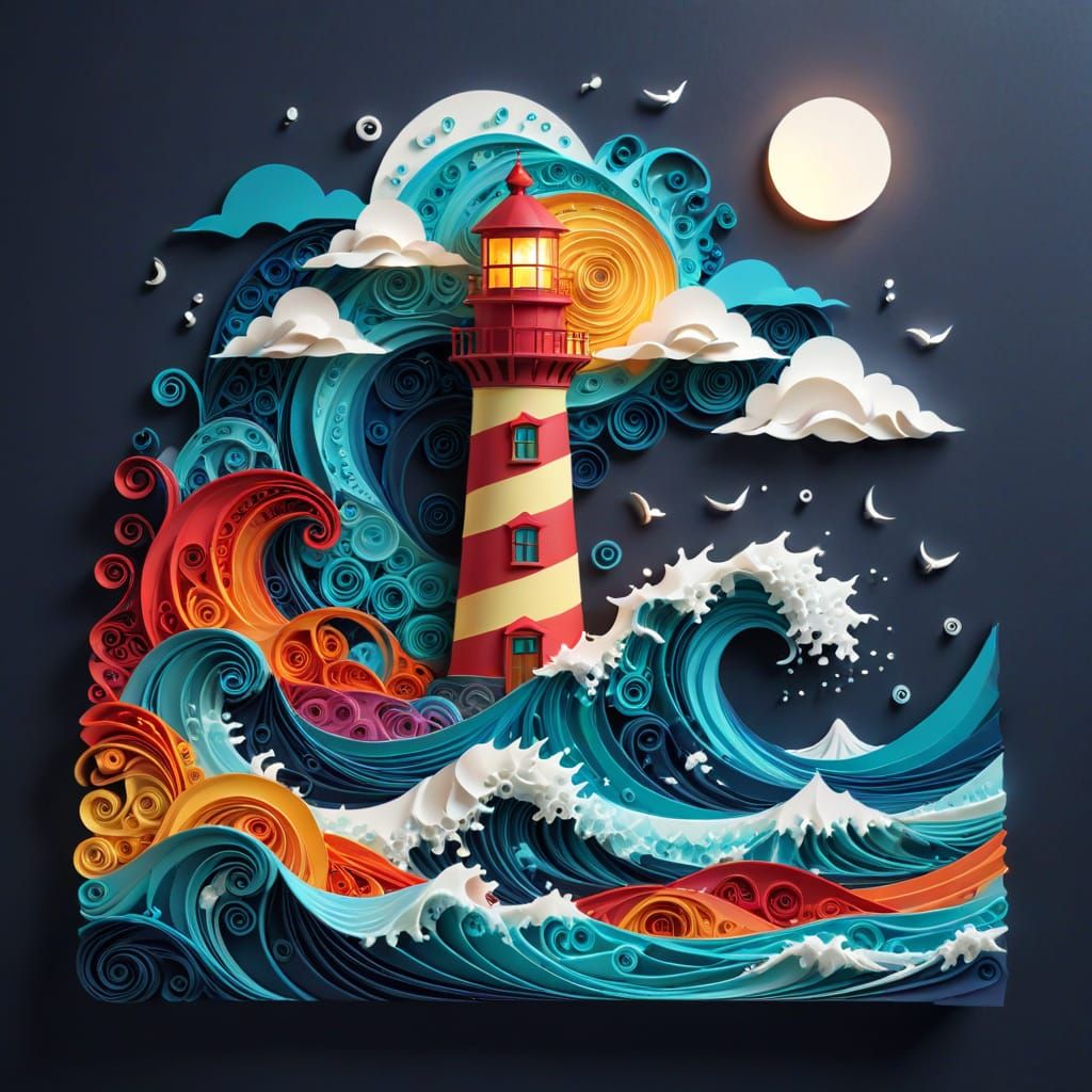 Lighthouse Illuminates Stormy Sea in Papercraft Style