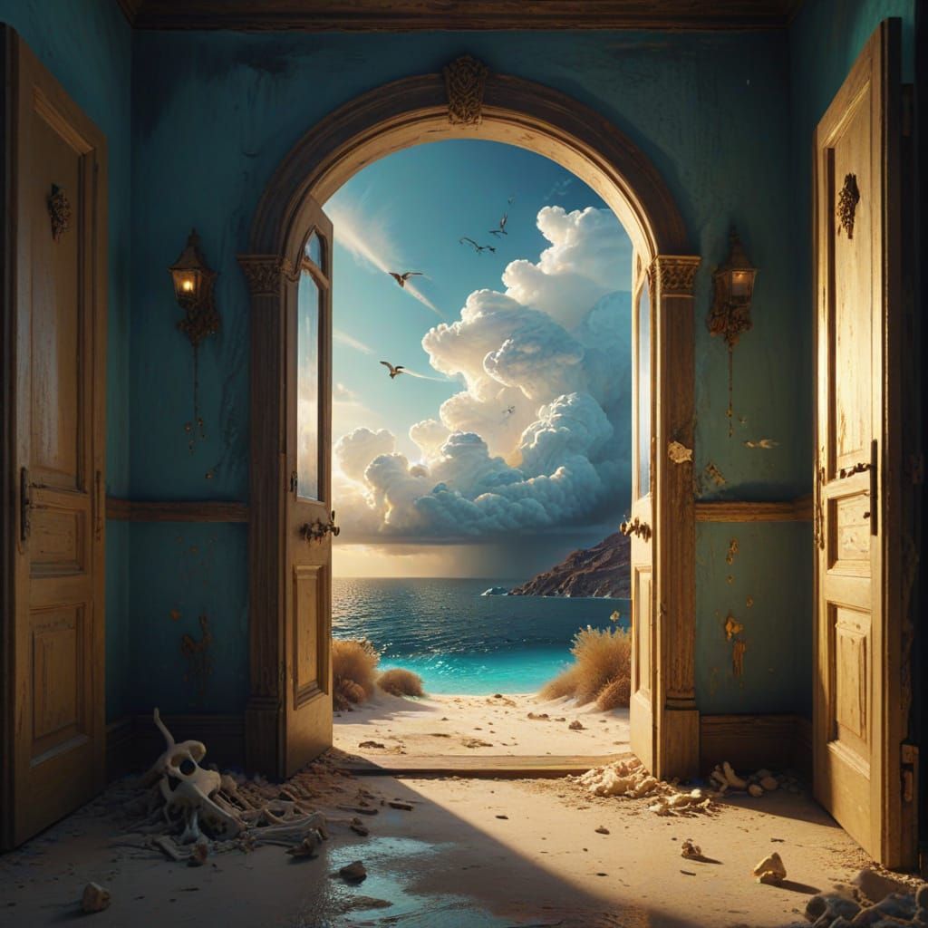 Angels and Desert Landscape by Open Door