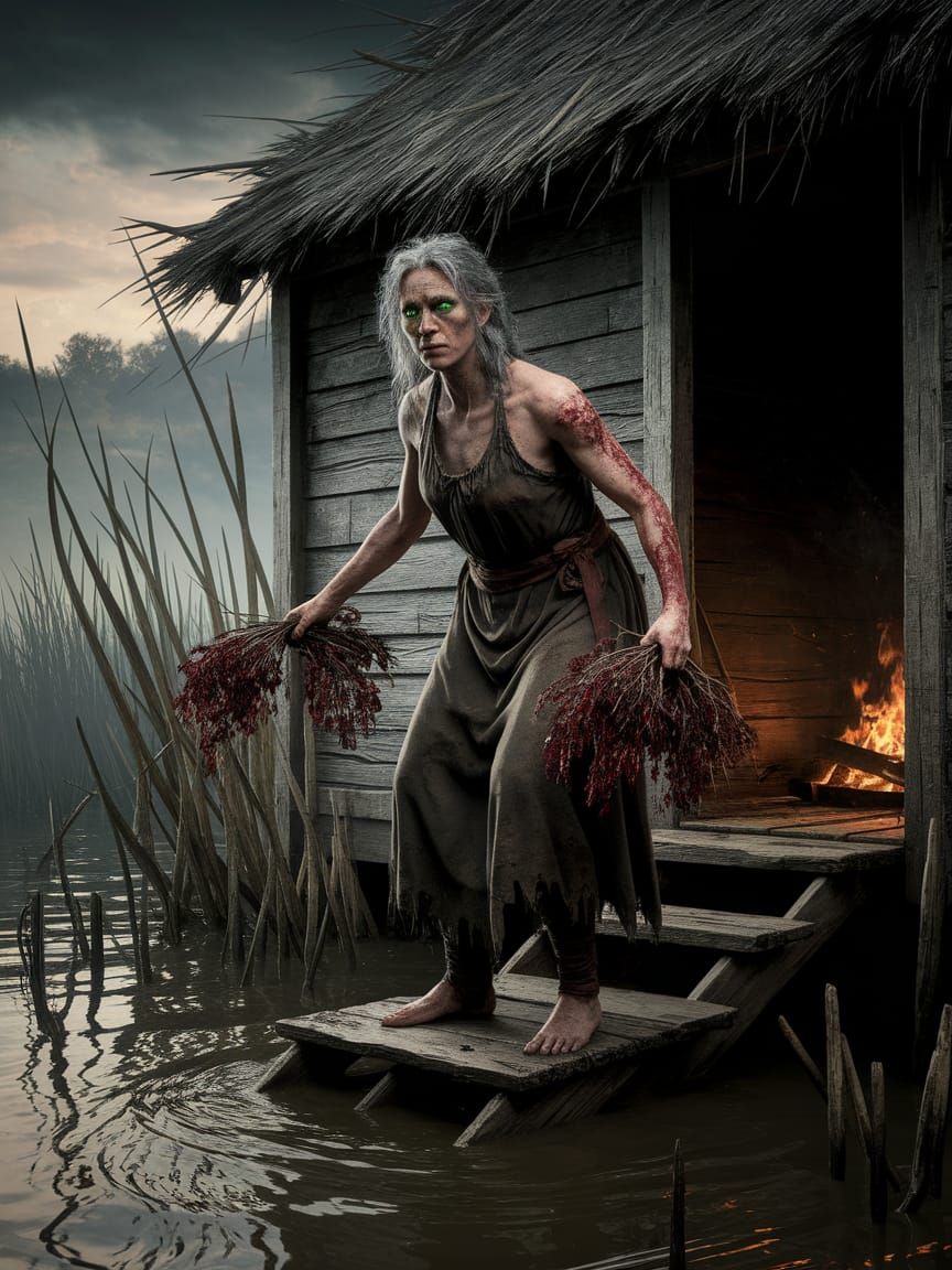 Swamp Witch on Threshold in Detailed Matte Painting