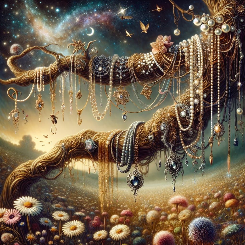 close up of a whimsical tree branch hanging over wild flowers. Hanging from the limb of strands of gold and pearls, neck...