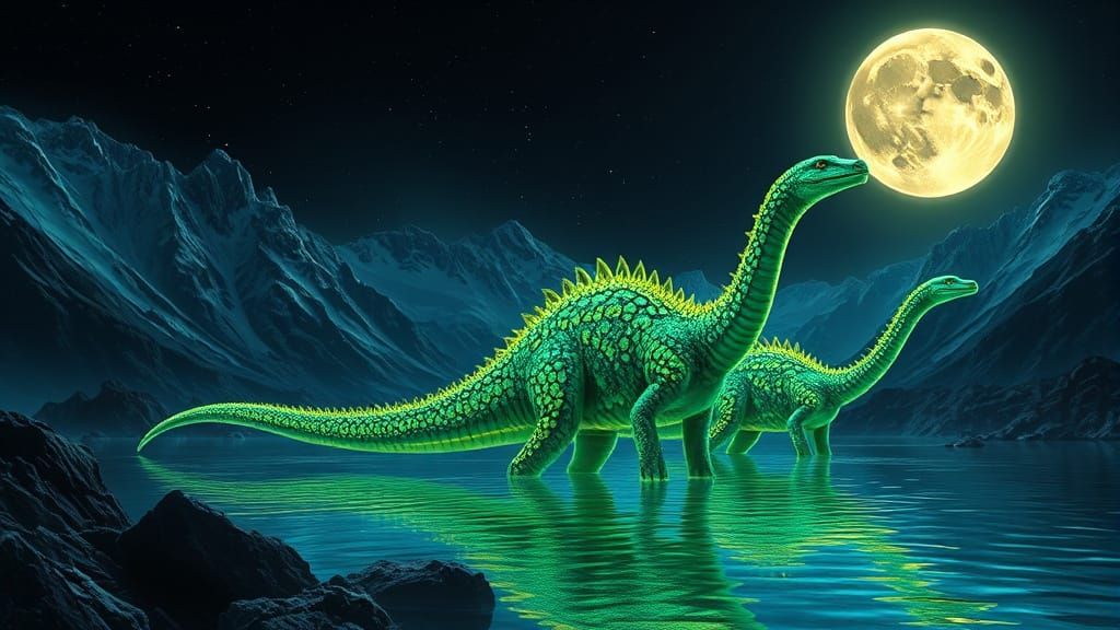 Neon Lake Dinosaurs in Hyperrealistic Style