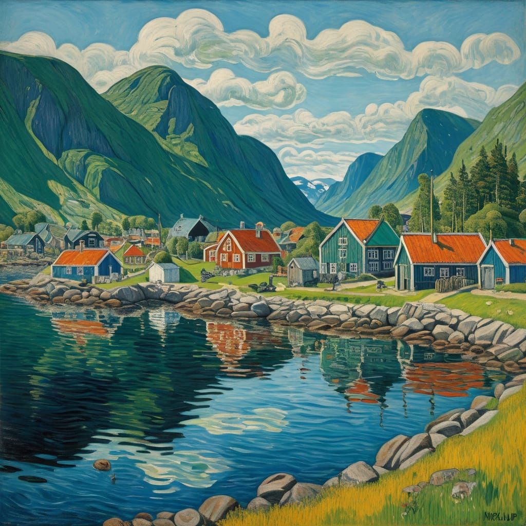 Nordic Fishing Village Landscape in Vibrant Summer Colors