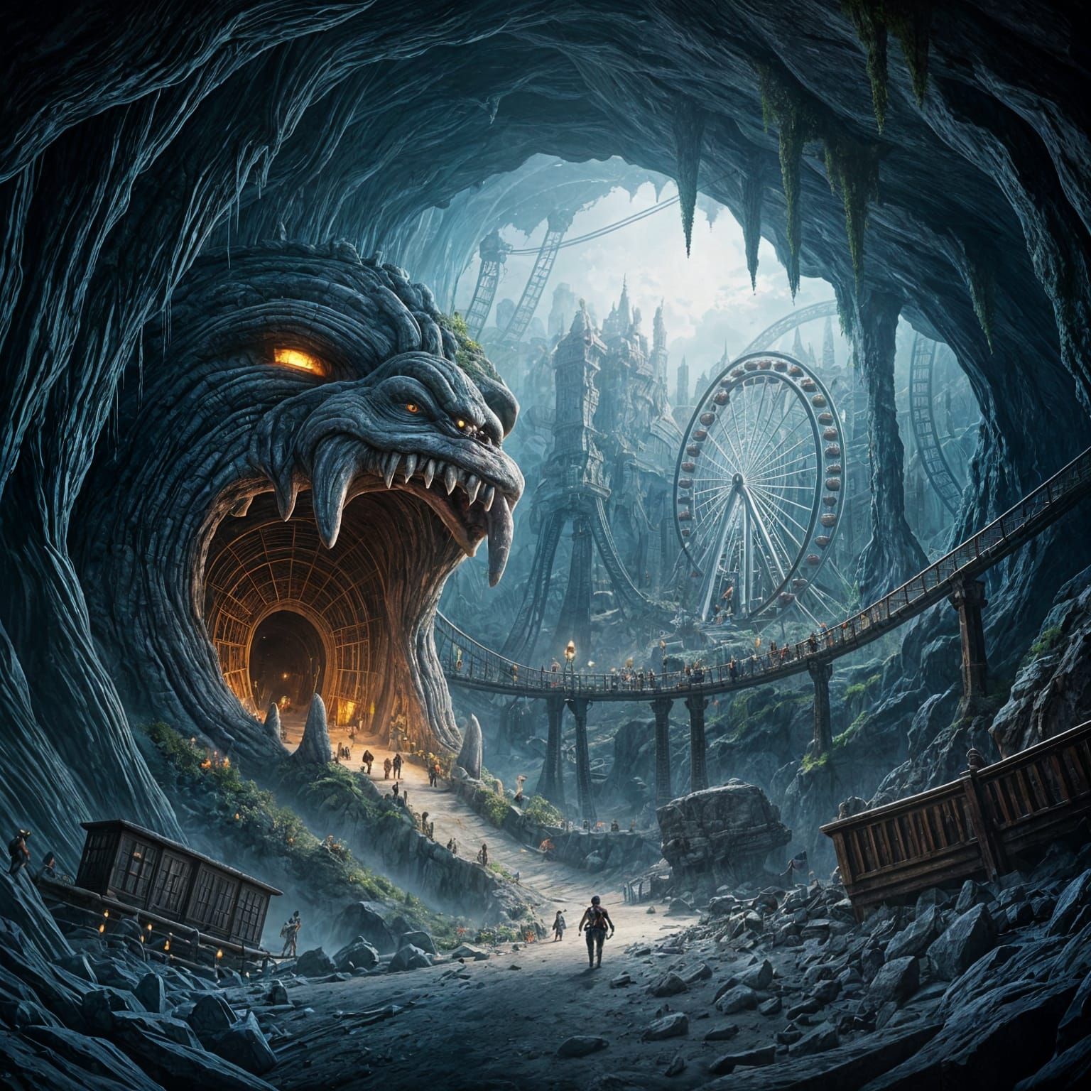 Underground Cave Theme Park with Stone Troll Entrance