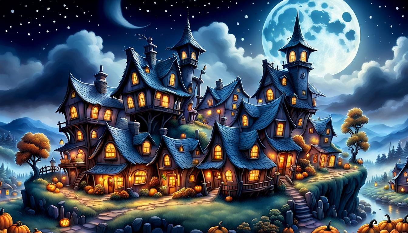 Chibi Spooky Village Under Harvest Moon in 3D