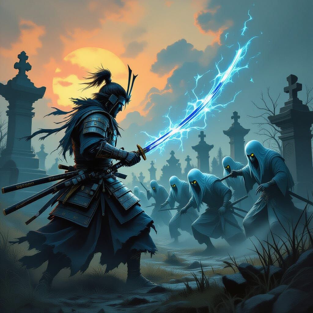 Samurai Battles Spectral Horde in Gothic Graveyard