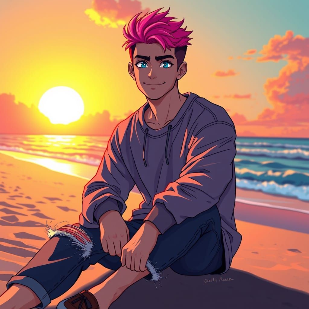 Neon Beach Sunset in Anime Style