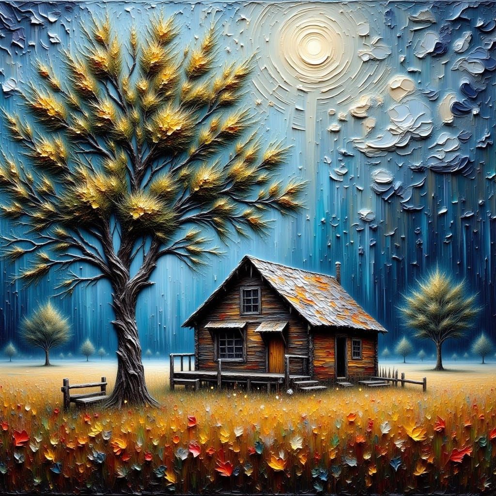 Impasto Oil Painting of a Tree and Cabin in Rain