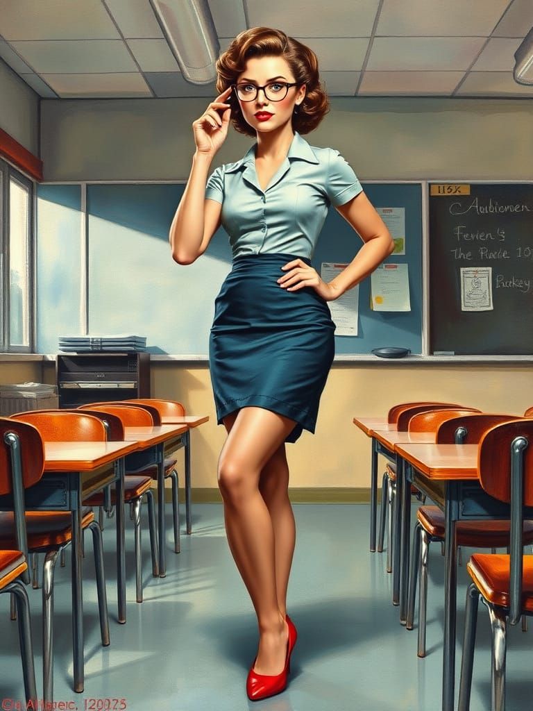 Vintage Pin-Up Art of a 1950s Teacher