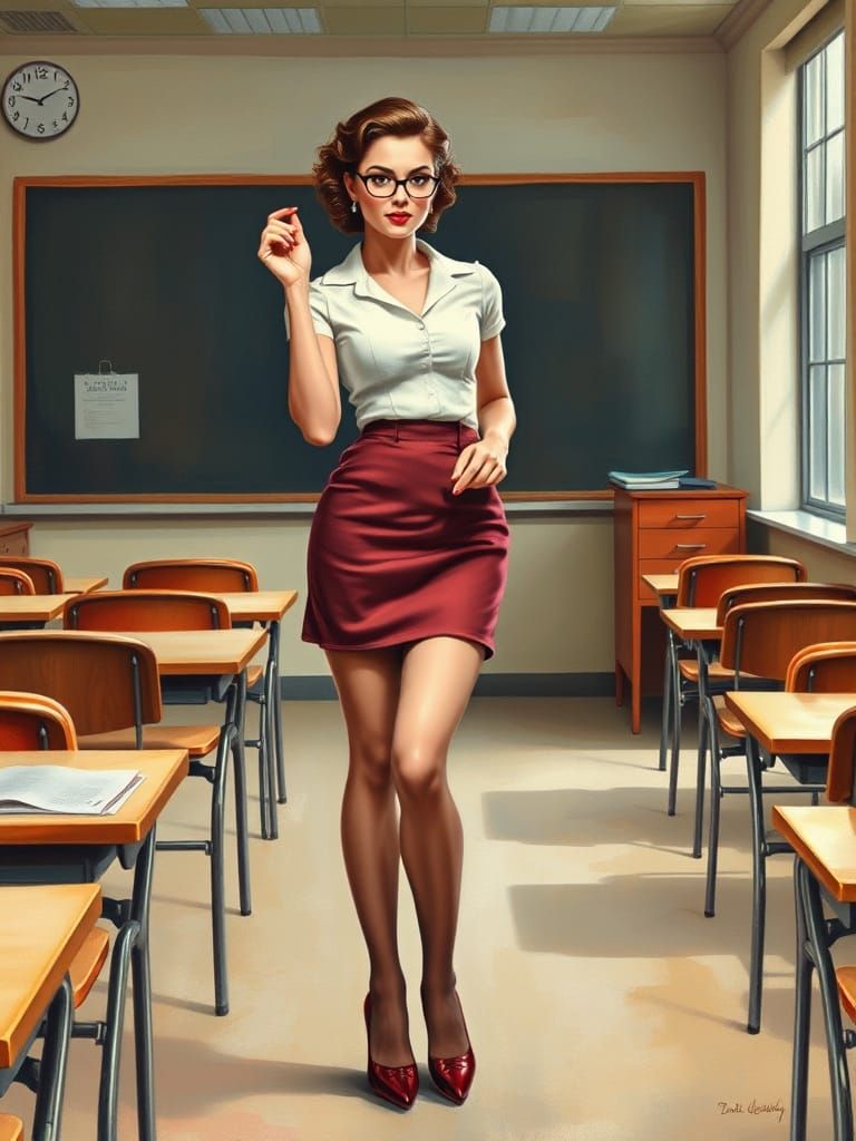 1950s Teacher in Classroom, Pin-Up Mixed Media Art