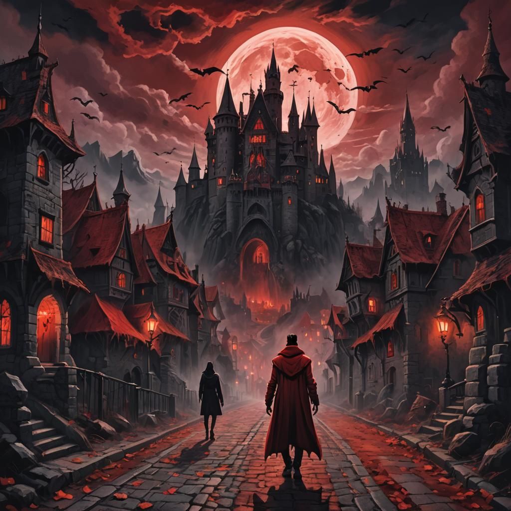 Dracula's Castle at Night in Halloween Art Style