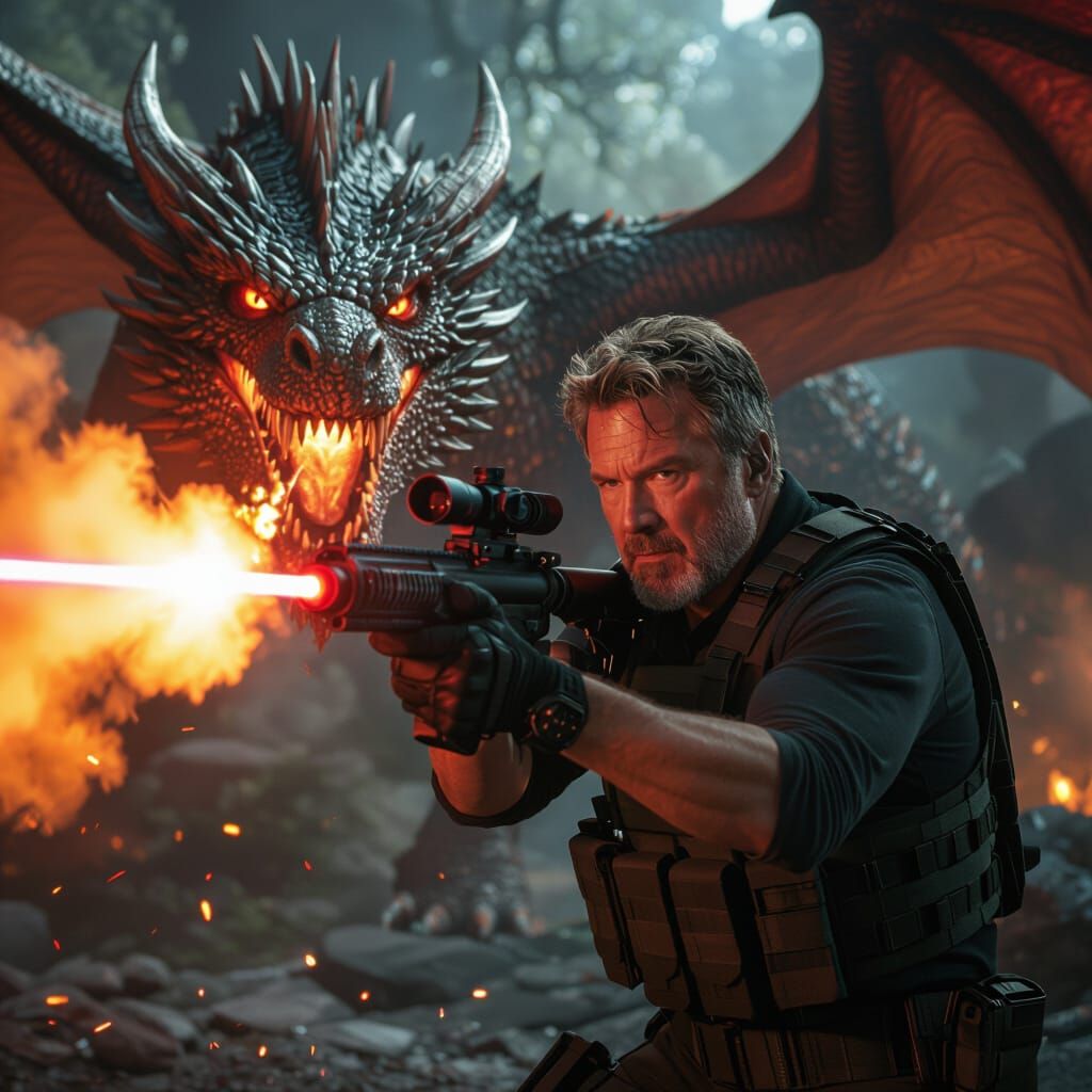 Hyperrealistic Action Scene: Man Aims Laser Gun at Dragon