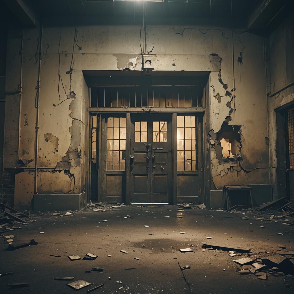 Eerie Abandoned Prison at Night: Cinematic Film Still