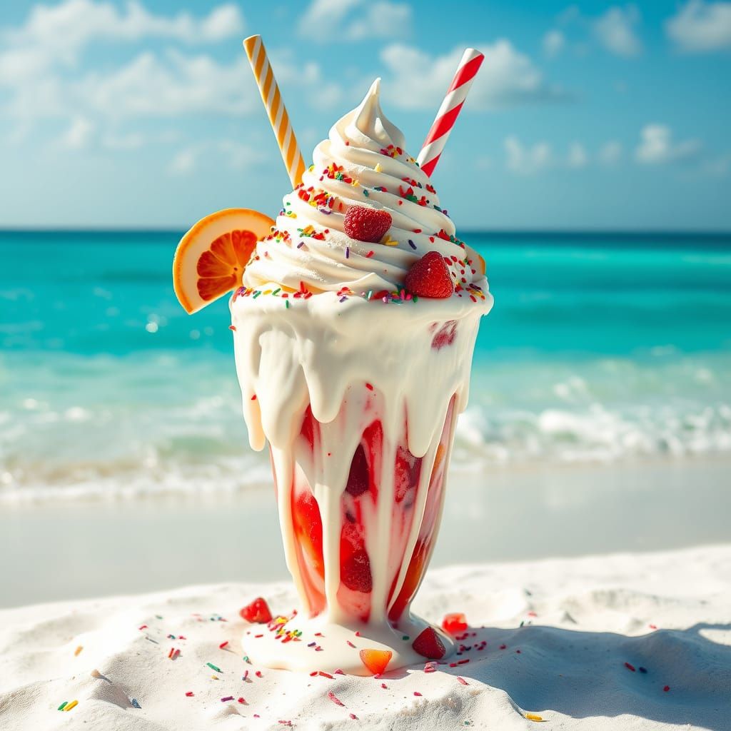 Hyperrealistic Melting Sundae on a Tropical Beach