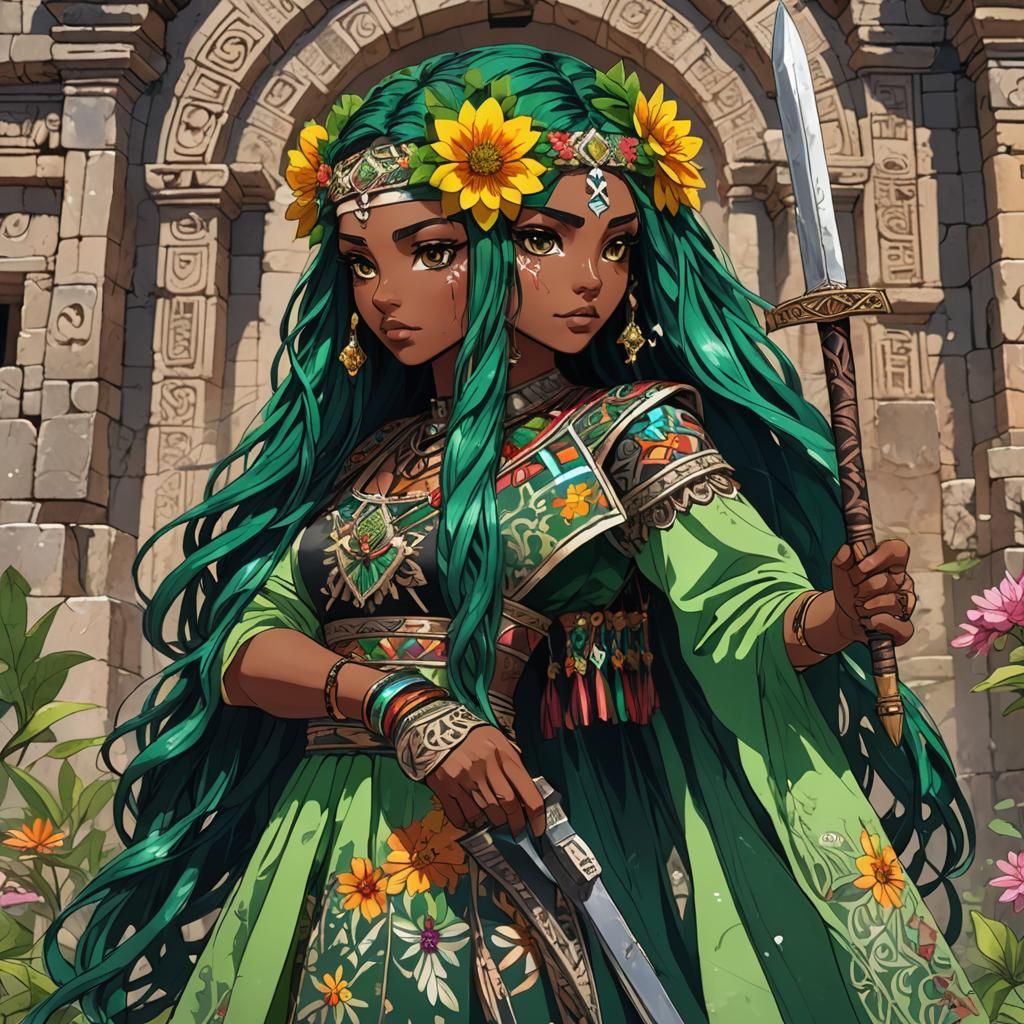 Latina Anime Girl with Obsidian Sword in Vibrant Anime Style