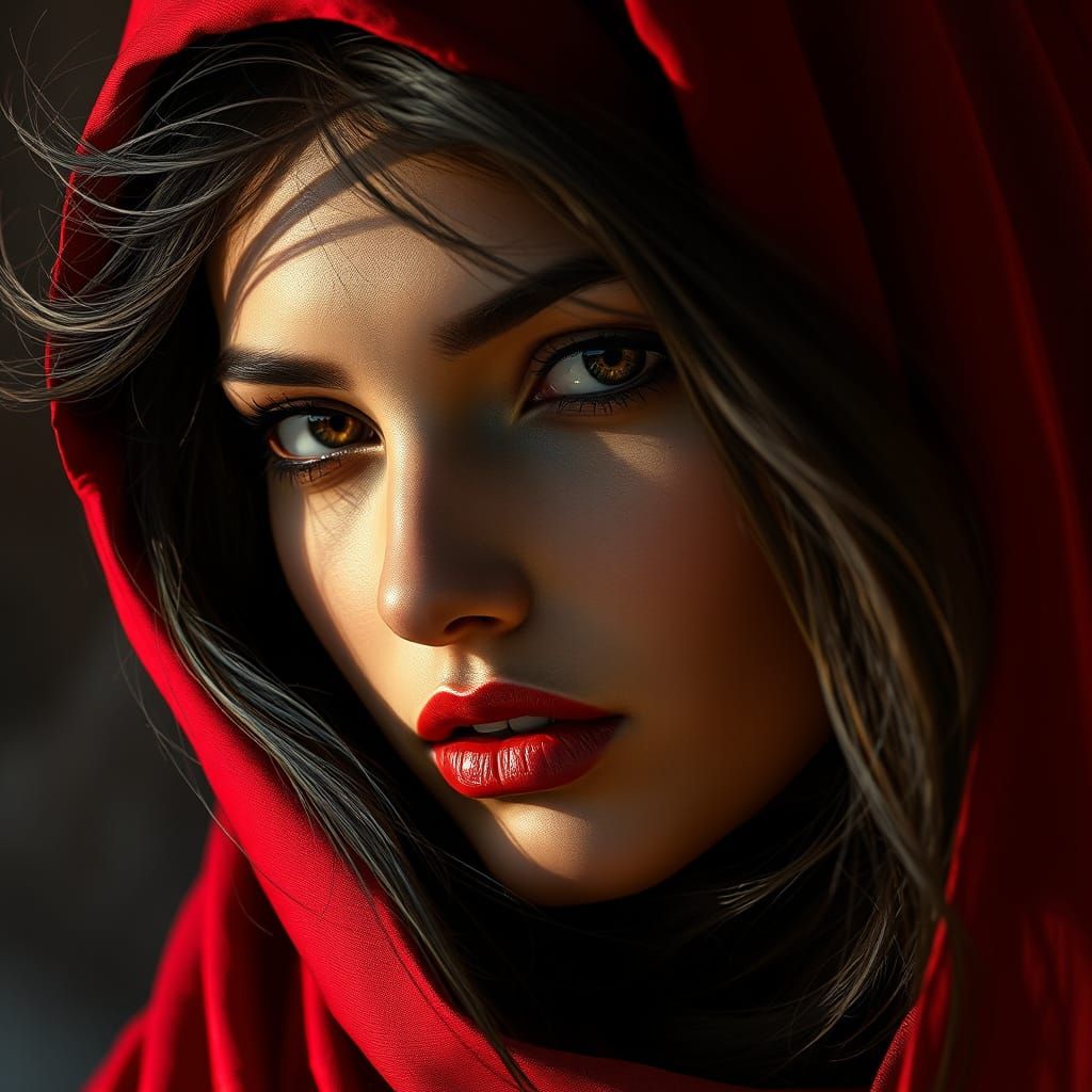 A stunning close-up portrait of an Arab beauty with her flowing hair elegantly framing her face and cascading in soft, n...