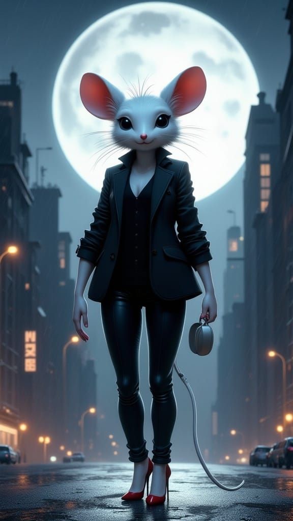 Sleek White Mouse in Elegant Black Attire Under a Full Moon