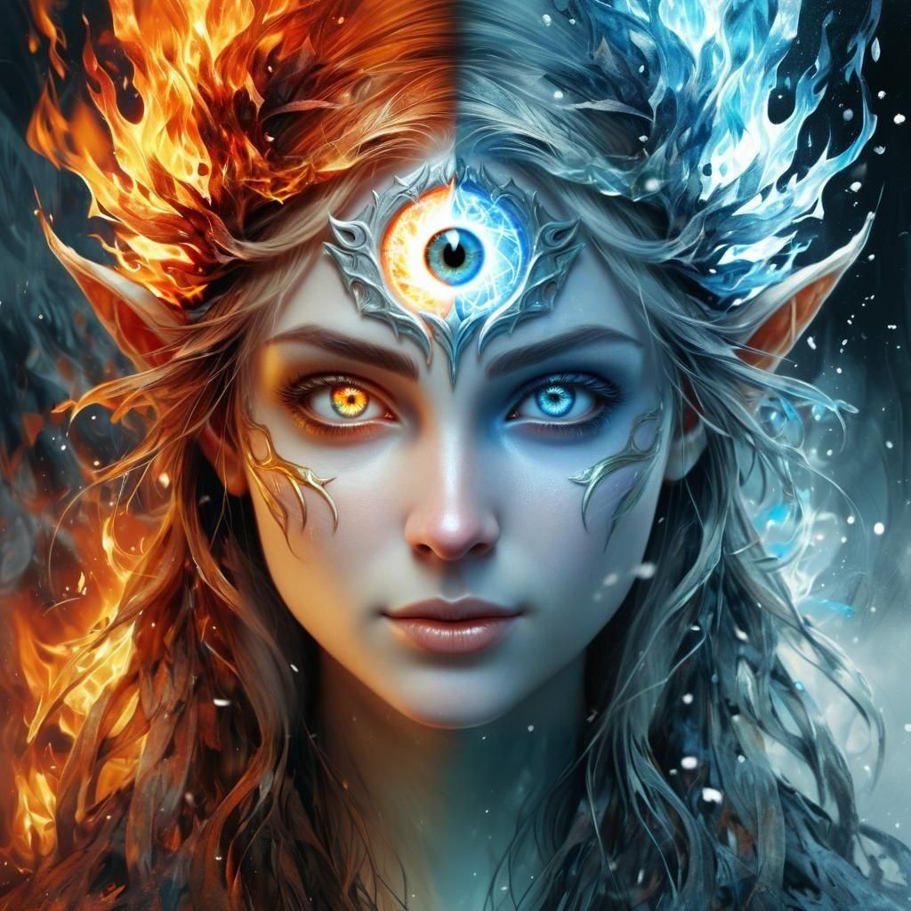Yin Yang Fire and Ice Elf Portrait