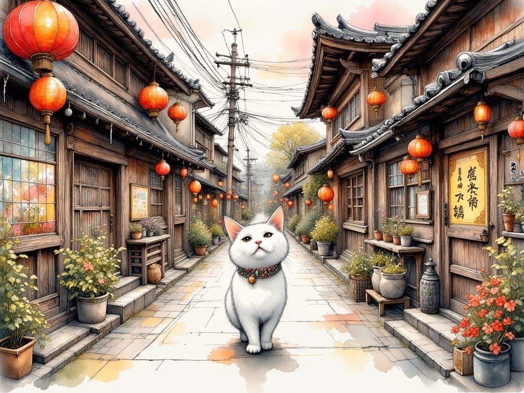 Cat in Tokyo Temple, Colored Ink Art