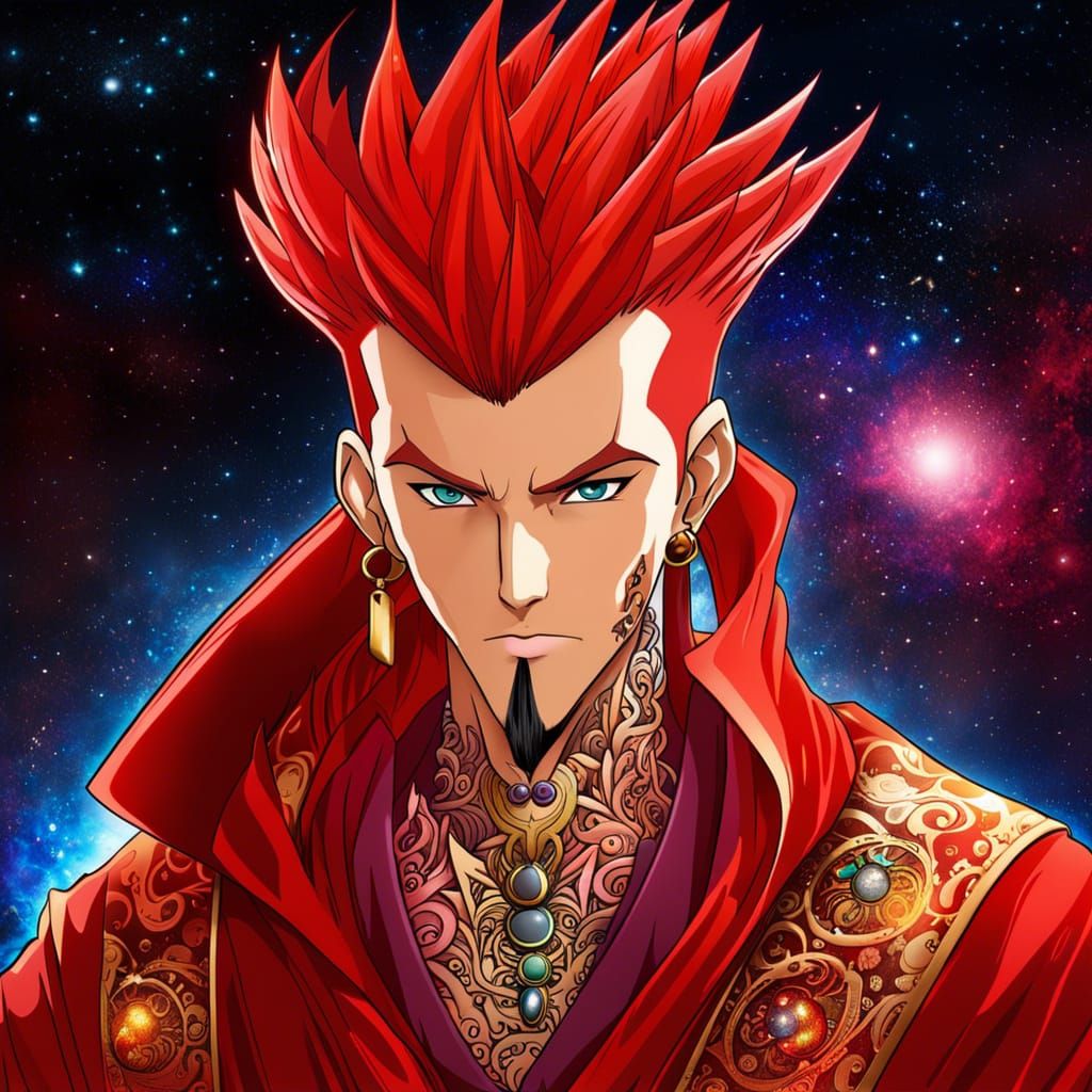 Anime Man with Red Mohawk and Galaxy Robes