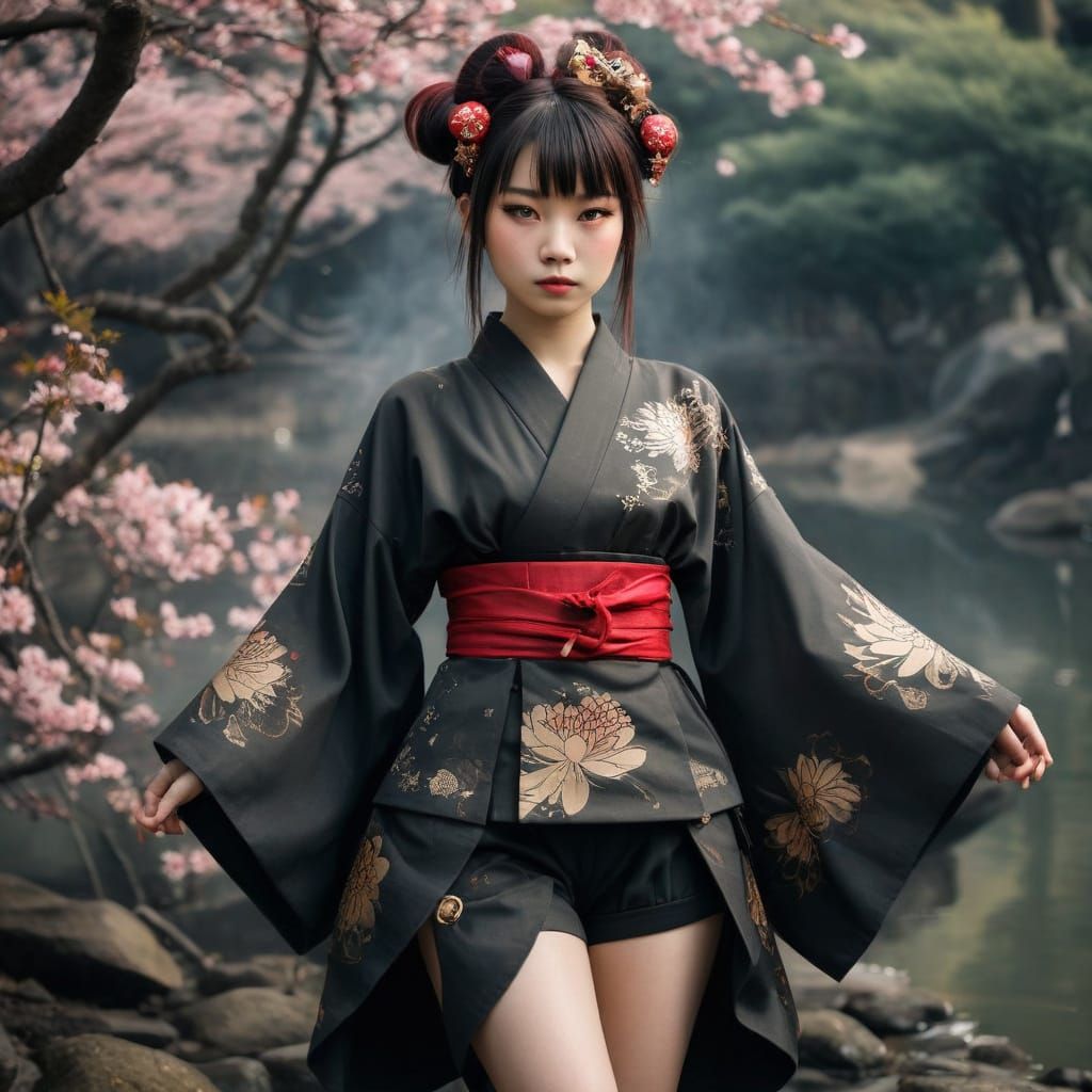Cyberpunk Steampunk Siren in Japanese Kimono with Gear-Shape...
