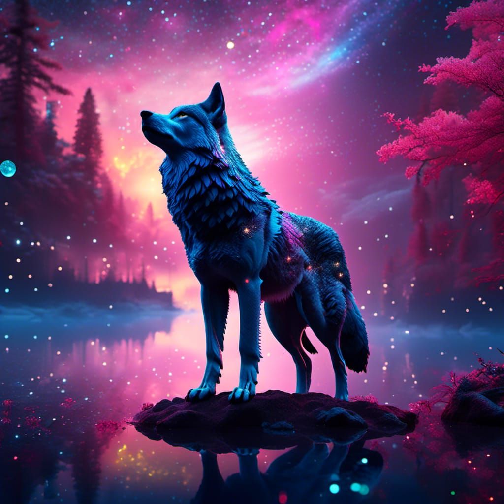 Galaxy Wolf Silhouette in Space Double Exposure