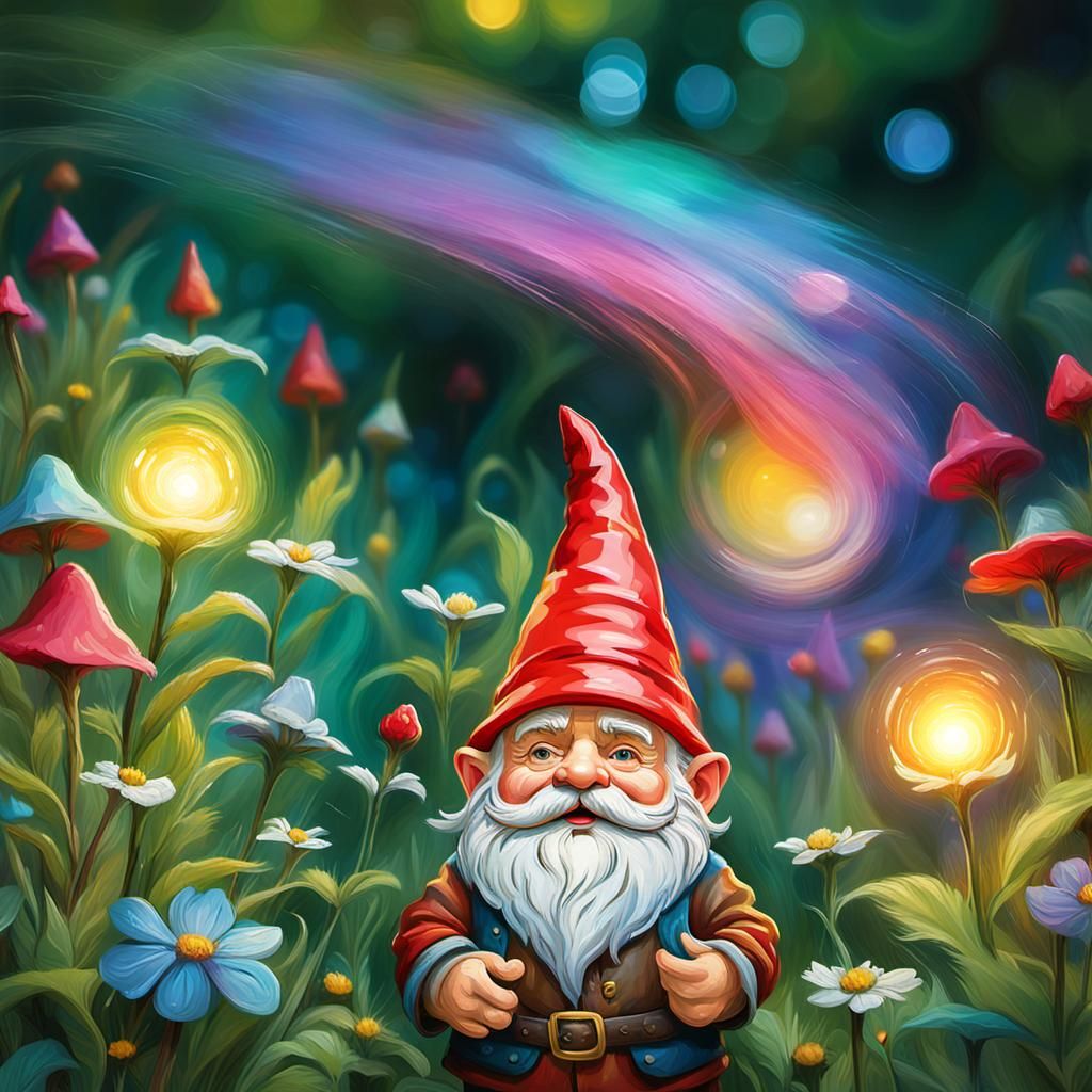 Garden Gnome in Iridescent Oil Painting Meadow