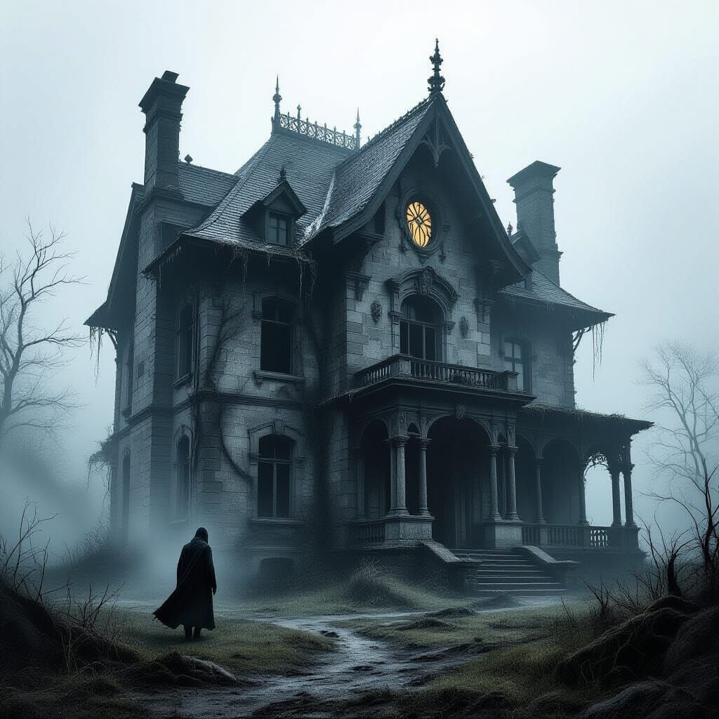 Gothic Mansion in Mist: Art Nouveau Charcoal Drawing