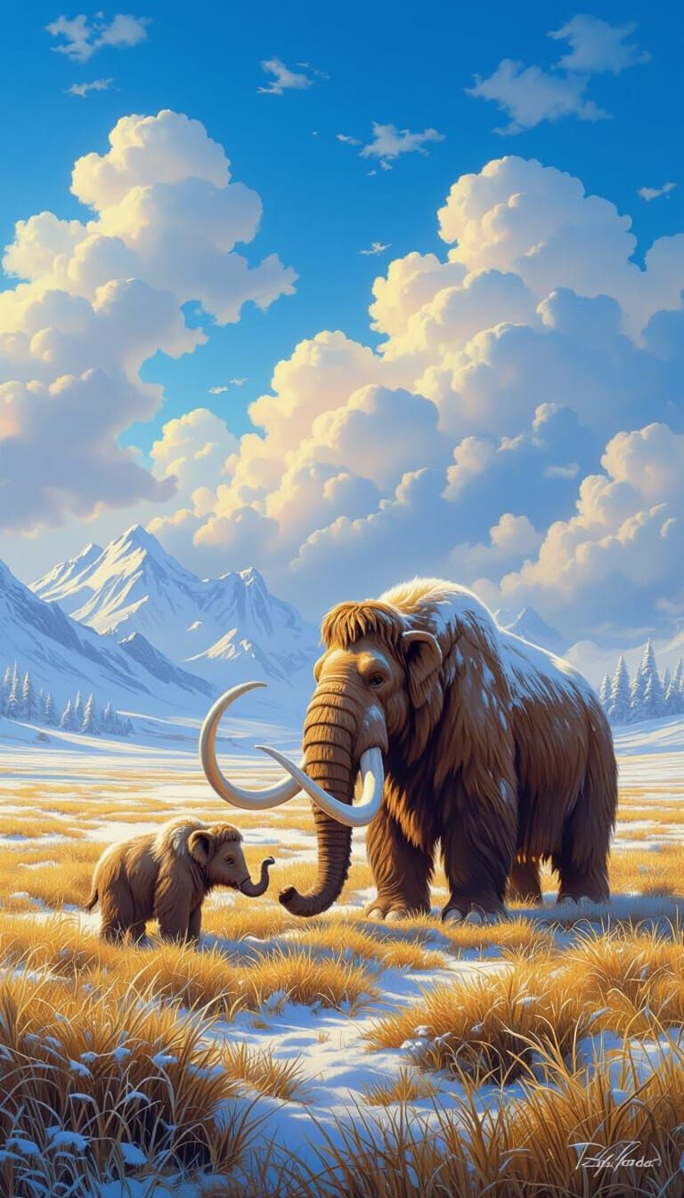 Woolly Mammoths Foraging in Ethereal Tundra Landscape