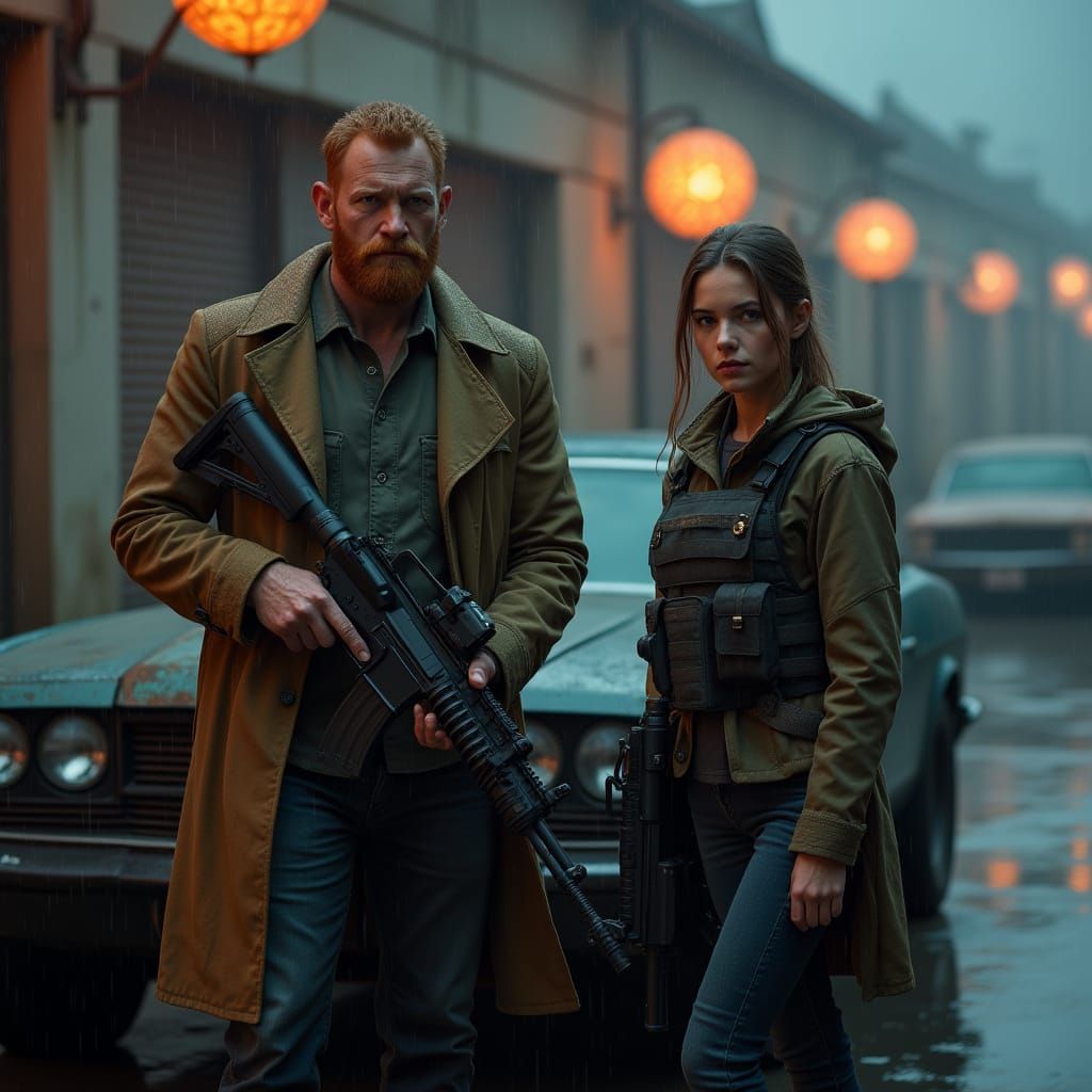 Realistic Photo of Man and Woman with Rifles at Dusk