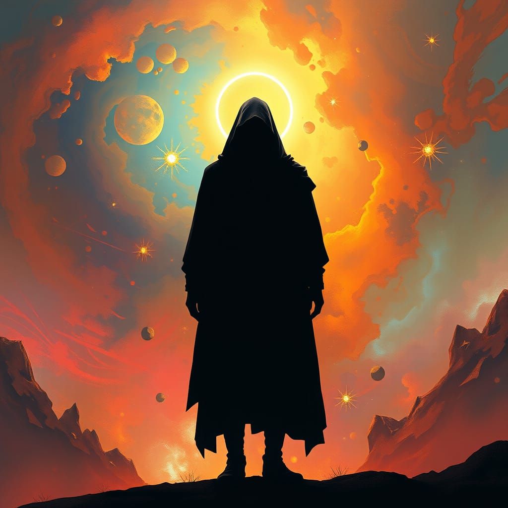 Mysterious Figure in Cosmic Abstract Landscape